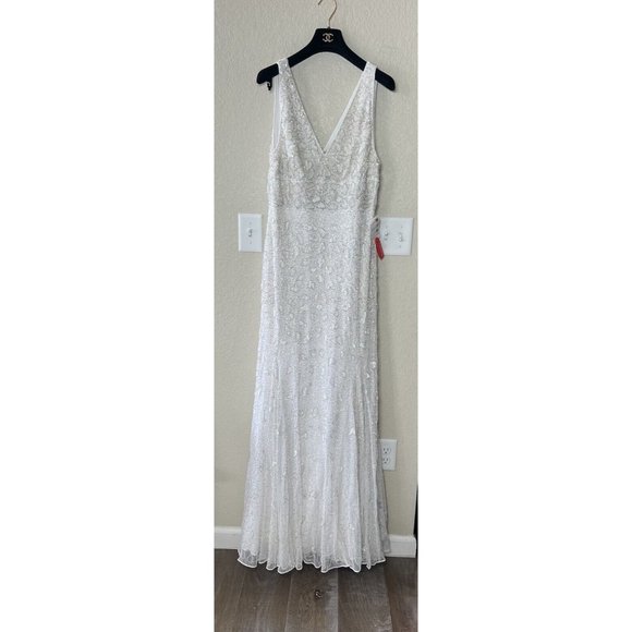 Mac Duggal Hand Embellished Beaded Gown With Train White 10814 Size 8 New - Picture 14 of 15